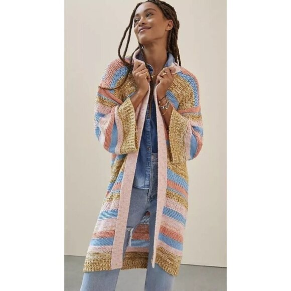 Anthropologie Textured Striped Open Front Cardigan Womens Size OS Beach Slouchy - Picture 1 of 10